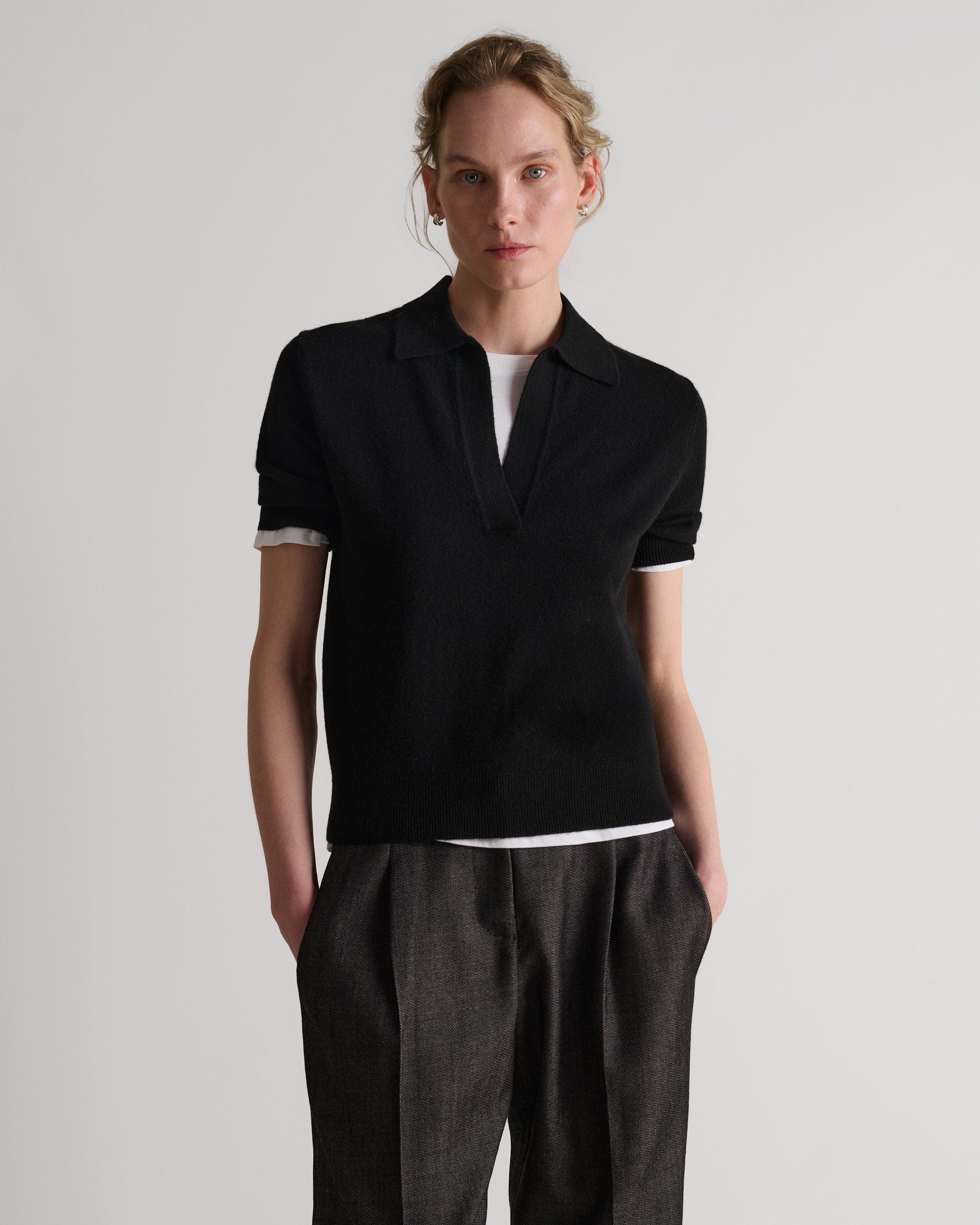Women's Finest Cashmere Open Collar Polo - Black - Image 4