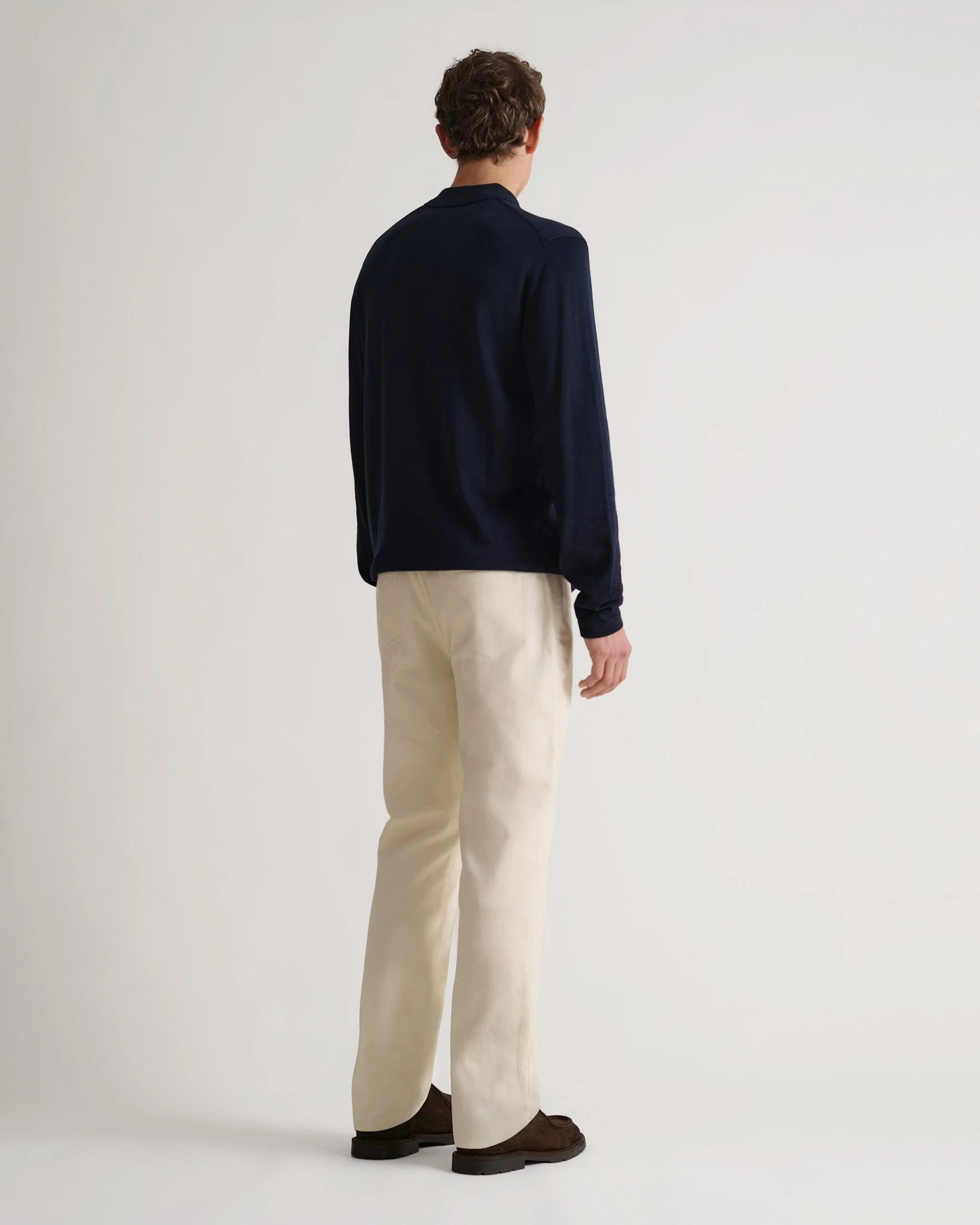 Men's Silk-Cotton Fine Knit Long Sleeve Polo - Indigo - Image 3