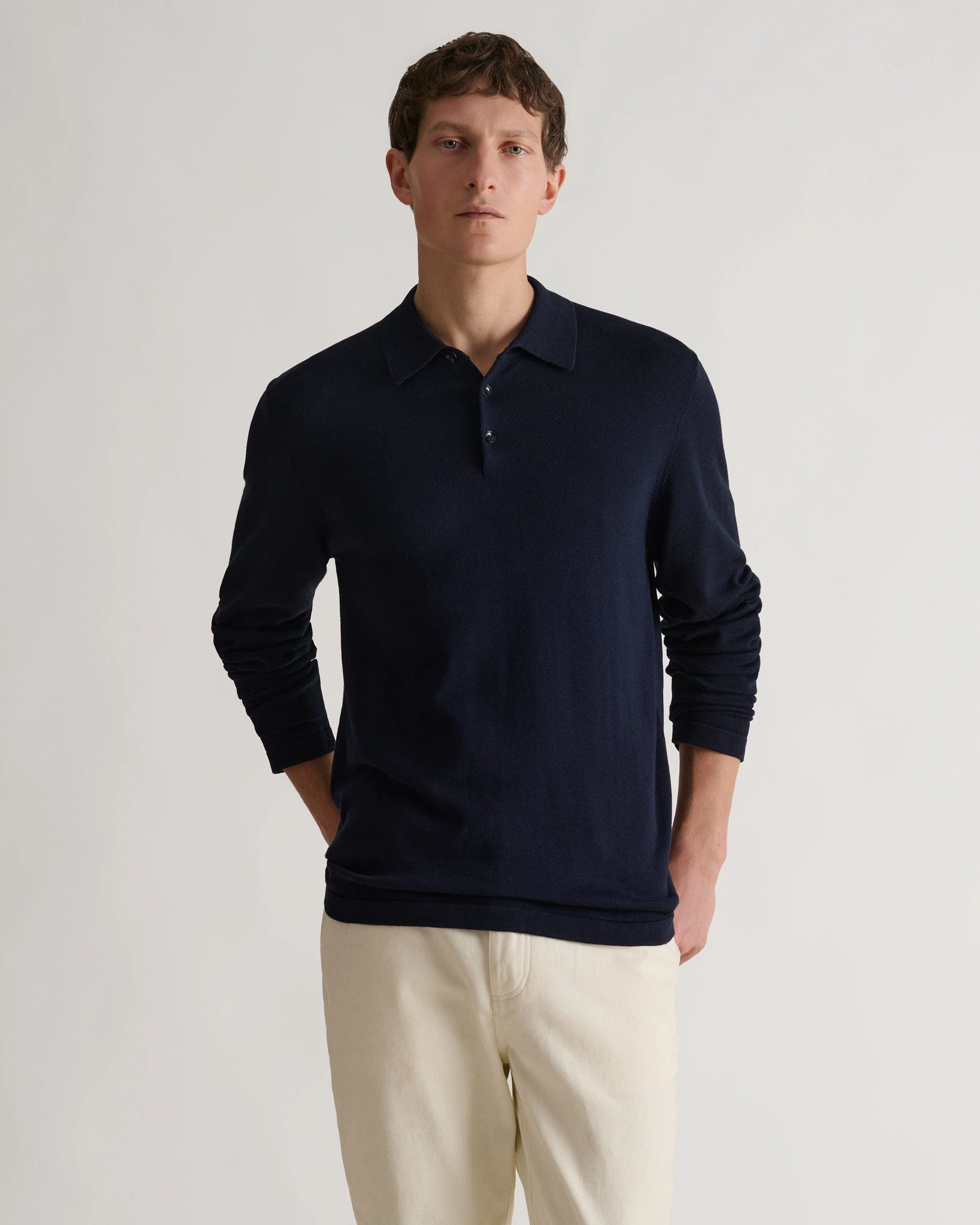 Men's Silk-Cotton Fine Knit Long Sleeve Polo - Indigo - Image 4