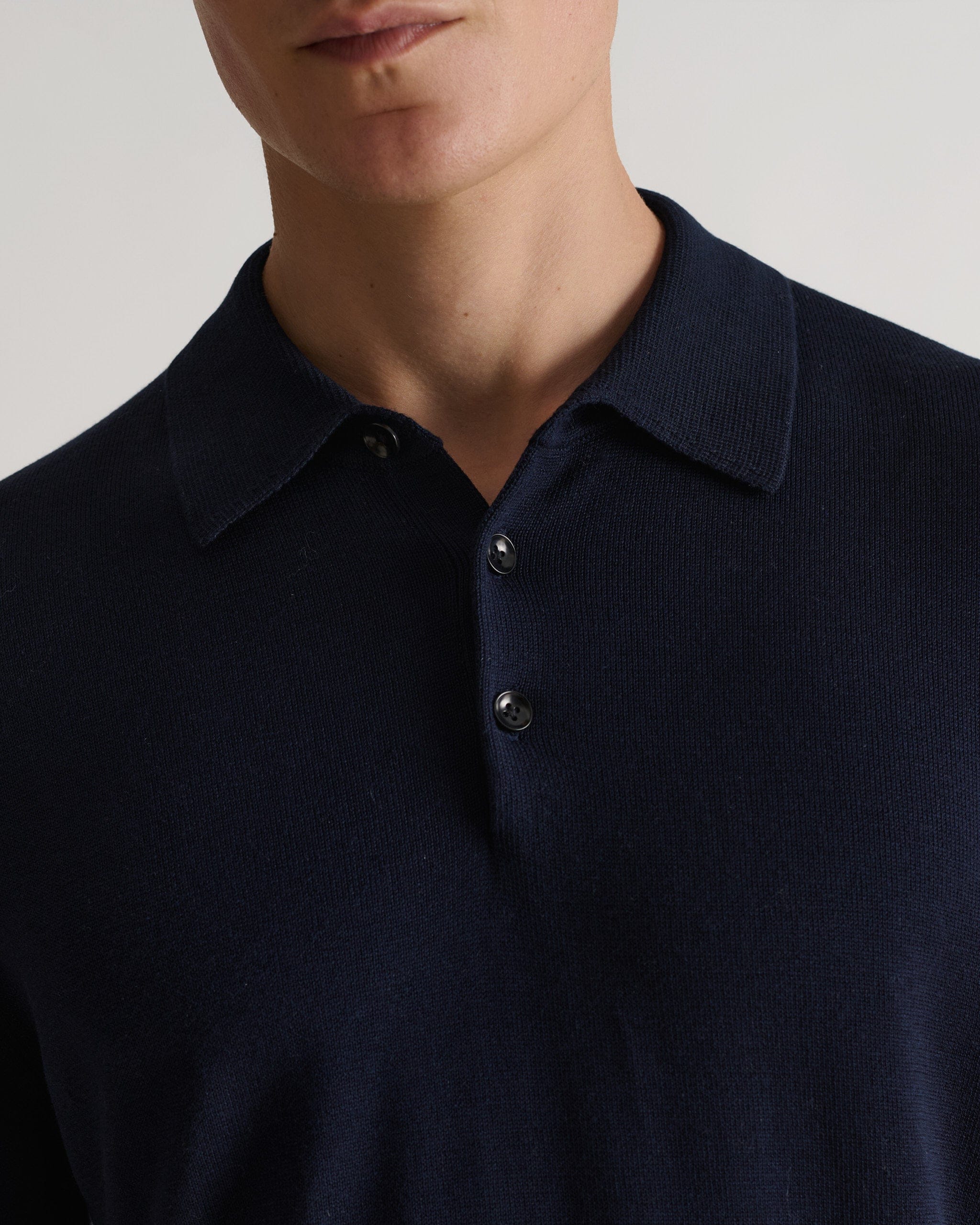 Men's Silk-Cotton Fine Knit Long Sleeve Polo - Indigo - Image 5