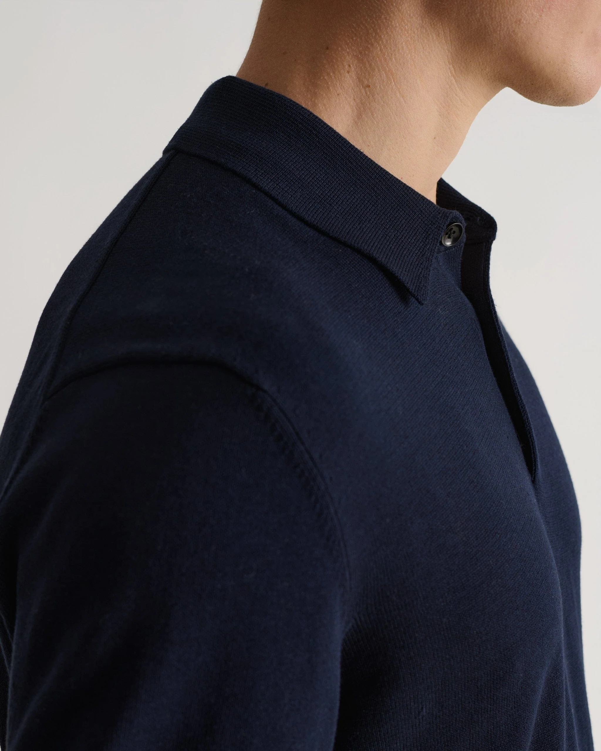 Men's Silk-Cotton Fine Knit Long Sleeve Polo - Indigo - Image 6