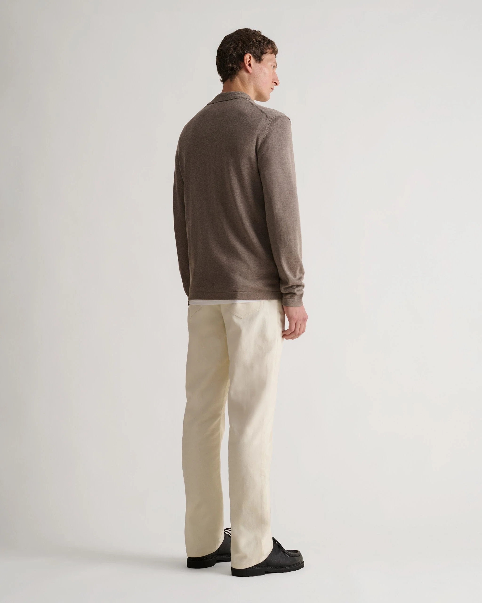 Men's Silk-Cotton Fine Knit Long Sleeve Polo - Mole - Image 3