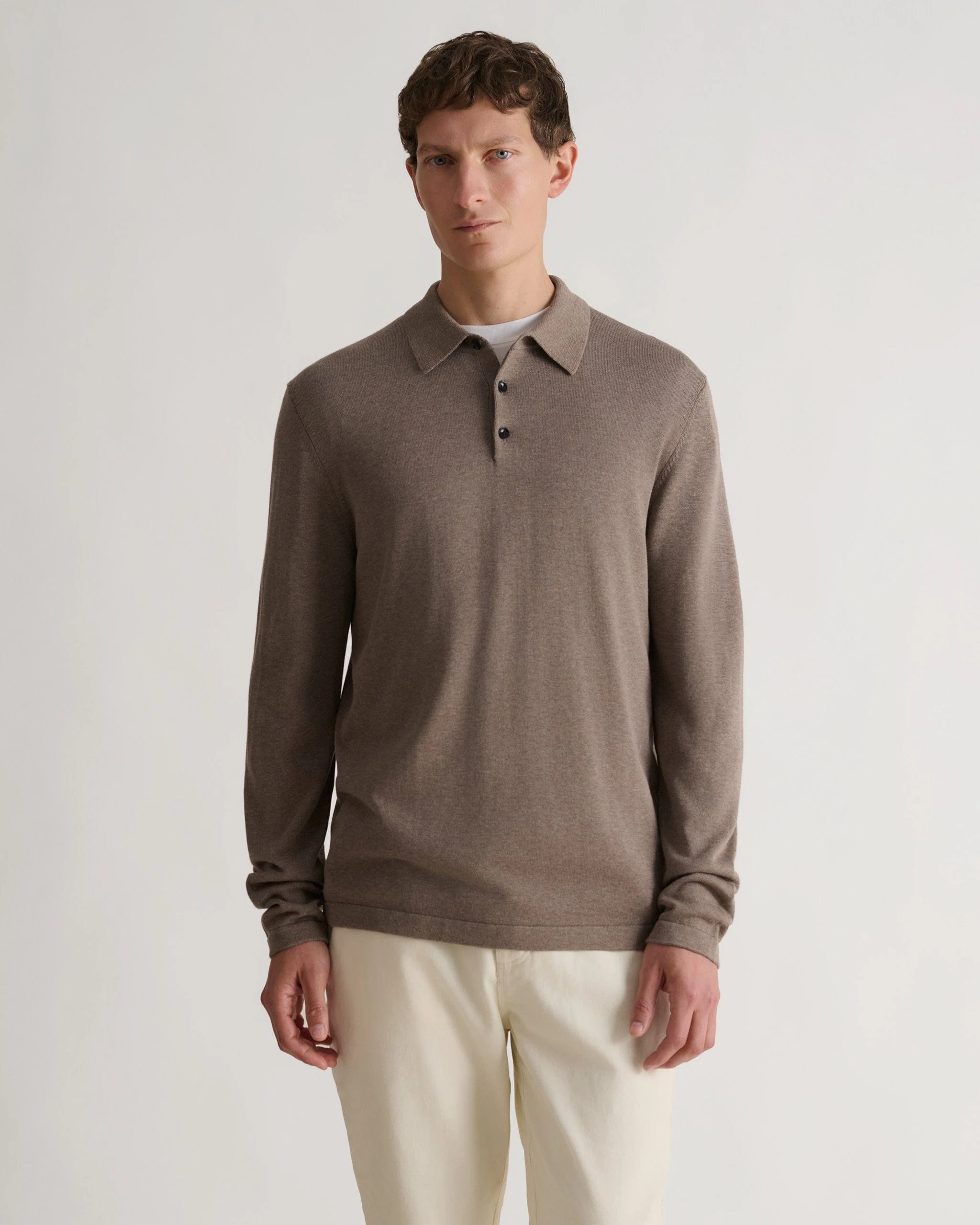 Men's Silk-Cotton Fine Knit Long Sleeve Polo - Mole - Image 4