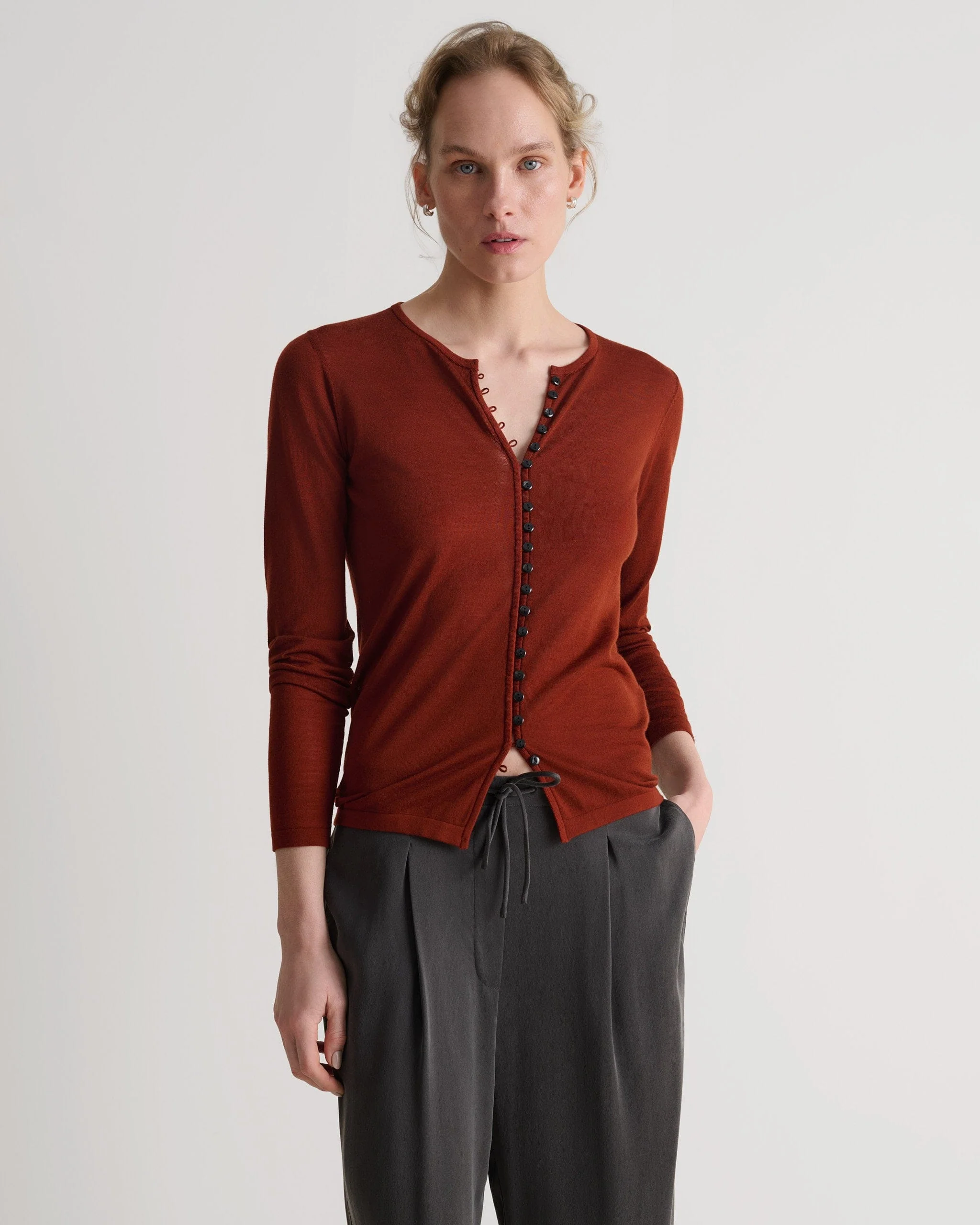 Women's Superfine Merino Button-Front Top - Burnt Sienna - Image 3